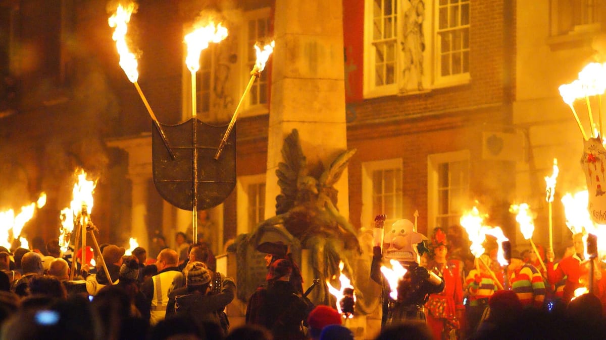 A torchlit Guy Fawkes Night procession through the streets of Lewes