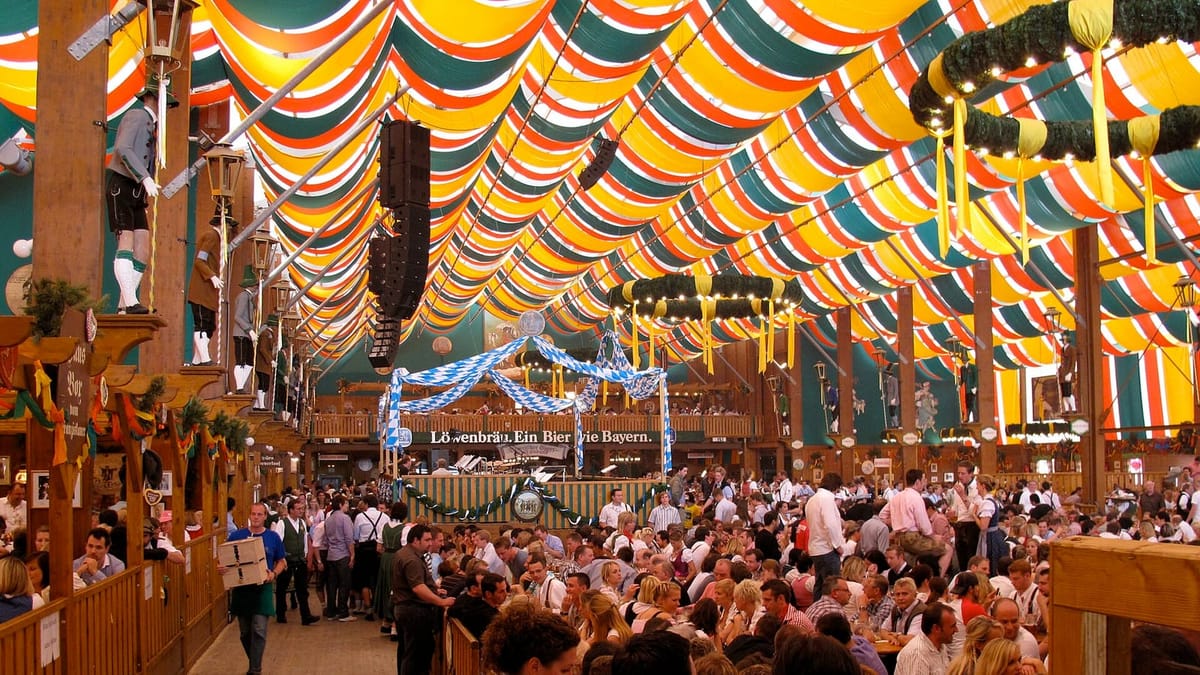 Inside a packed Löwenbräu beer tent at Munich's Oktoberfest